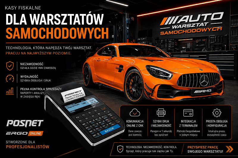 Kasa fiskalna POSNET ERGO ONLINE dla warsztat&oacute;w samochodowych